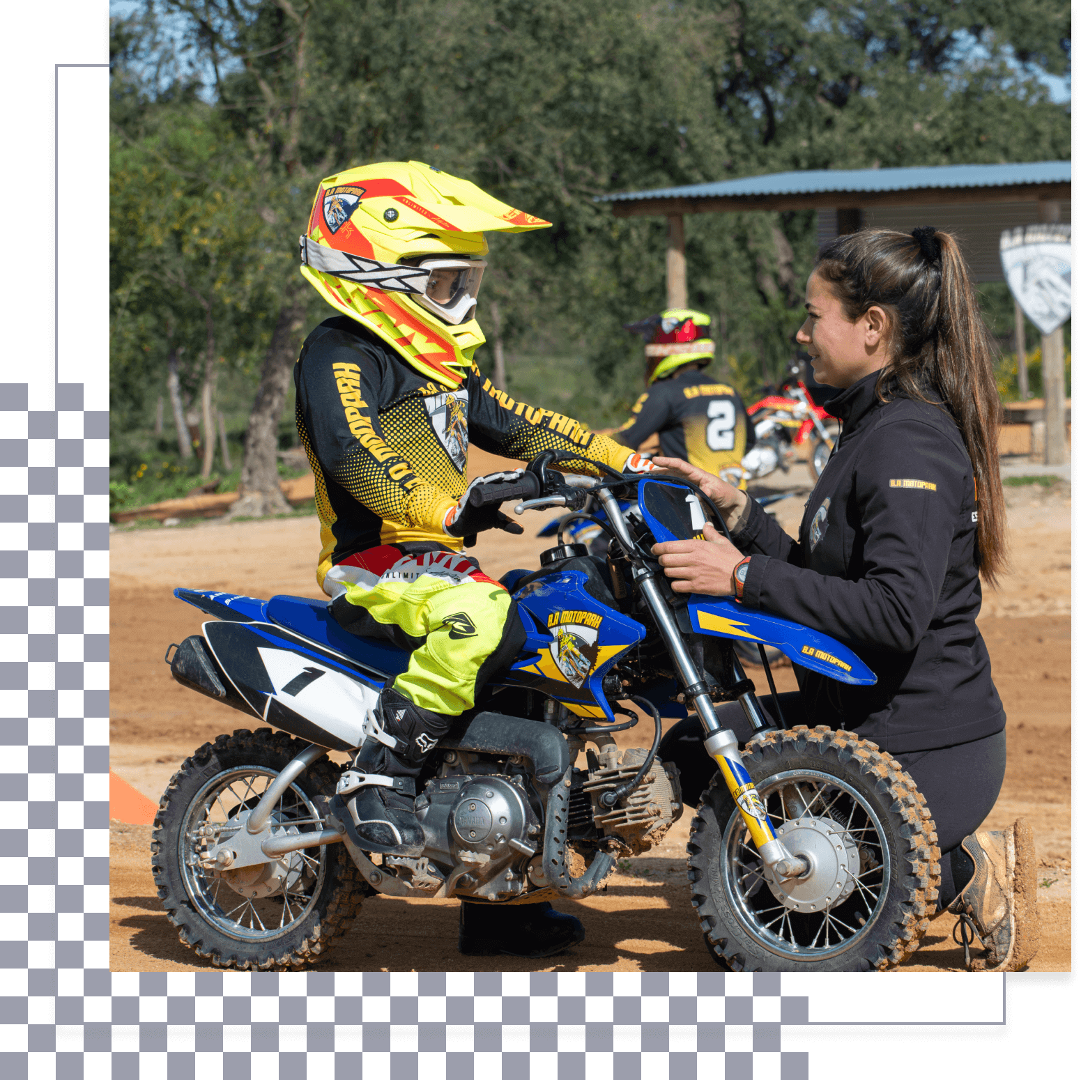 Bruna Antunes dirt bike and motocross instructor provides one-on-one coaching to a student at an outdoor riding school, guiding them through proper technique